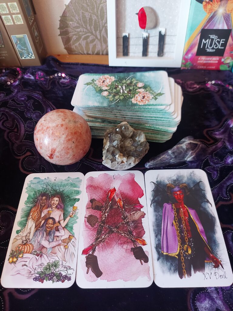 tarot explained. 3 card spread using Unfolding Path, showing the 10 Cups, 5 Wands and Devil