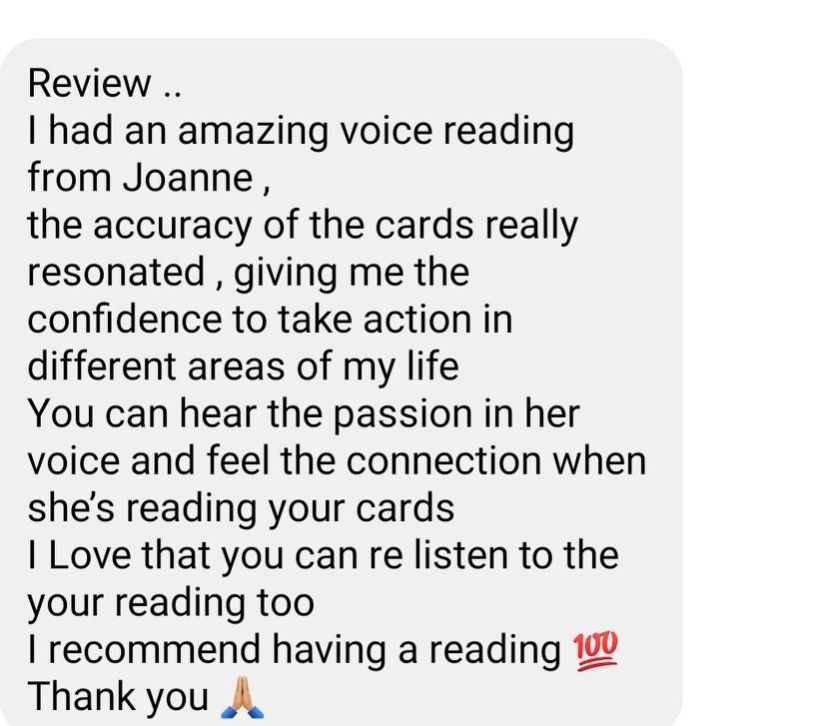 psychic reading reviews, review of voice message online tarot reading: " Amazing voice message reading, accuracy of cards really resonated... you can hear the passion in her voice and feel the connection.. I love that you can re-listen to your reading too. I recommend... 100%."